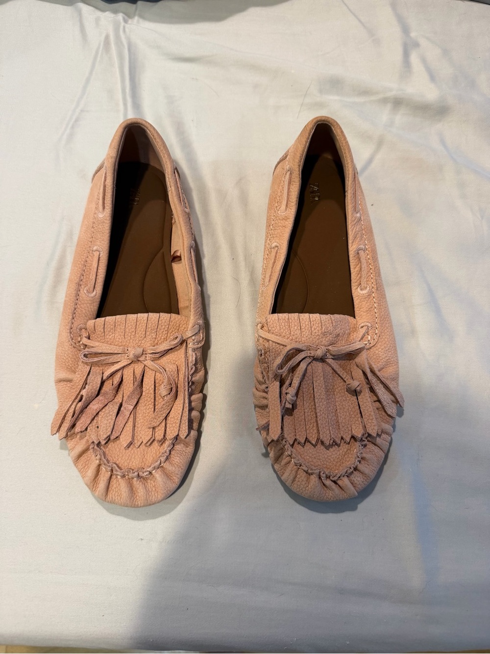 Zara Blush Pink Suede Fringe Moccasin Loafers